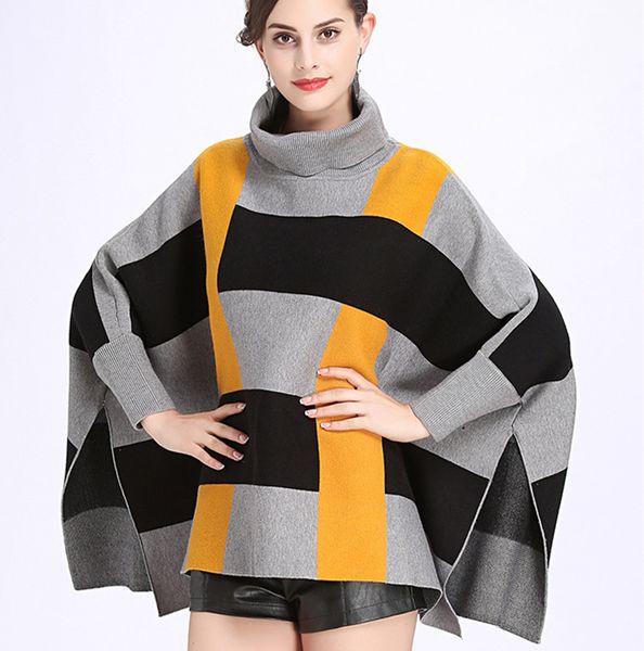 

2019 autumn and winter new loose turtleneck sweater woman cloak striped plaid open fork batwing sweater poncho, Black