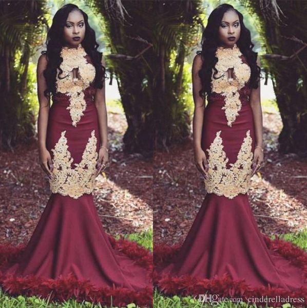 

2020 vintage burgundy mermaid high neck gold appliques prom dresses with feather black girls south african evening gowns bc1143