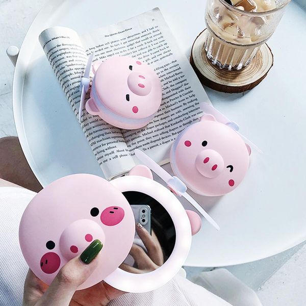 

led mirror light yfashion cartoon pig makeup mirror fan usb charging portable handheld mini fan cosmetic tools