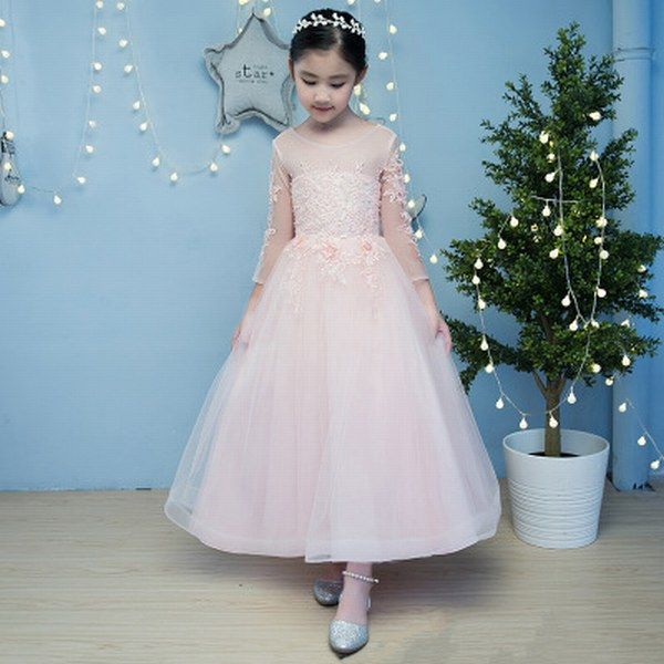 Luz cor-de-rosa princesa flor menina vestidos lace tulle manga longa menina festa aniversário crianças casamento dama de honra crianças conceito vestido smt108