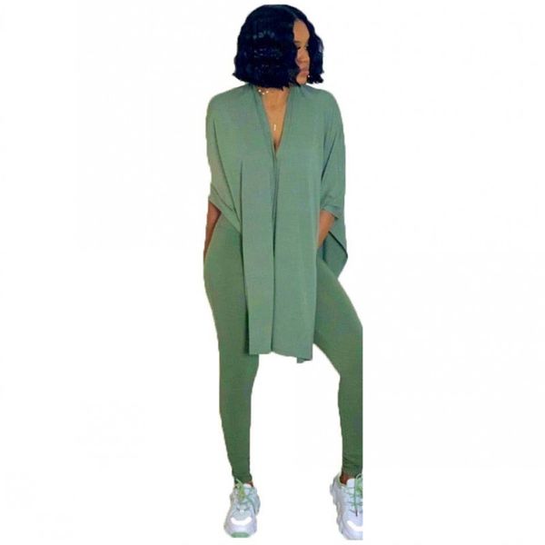 

casual tracksuit 2 piece set women outfits solid x-long v neck pants ladies clothing cotton simple t shirt matching sets 3xl, White