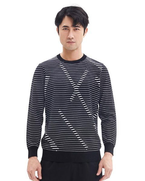 

zhili mens knit striped fleece blend thin sweater_black_large, White;black