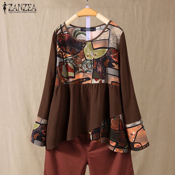 

plus size tunic women's printed blouse 2019 zanzea vintage patchwork casual long sleeve shirts female blusas floral chemise, White