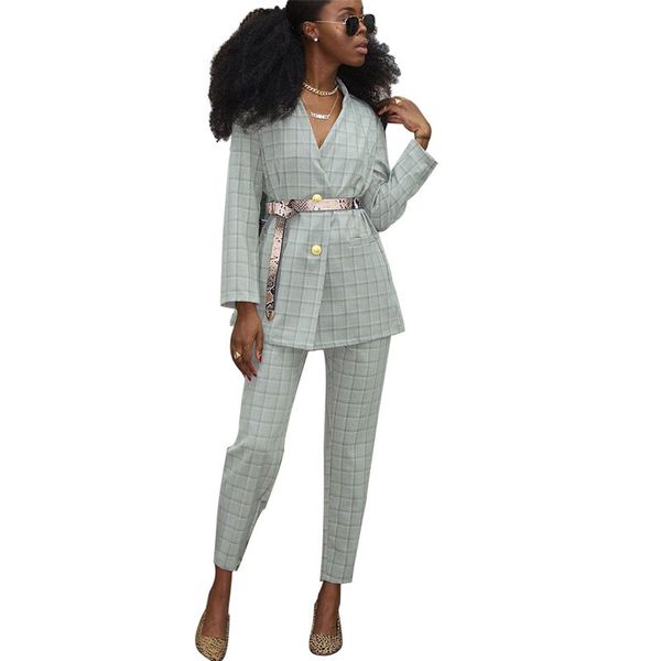 

2019 chic costume autumn single breasted office ladies plaid blazer suits sets fashion women long pants blazers sets suit women, White;black