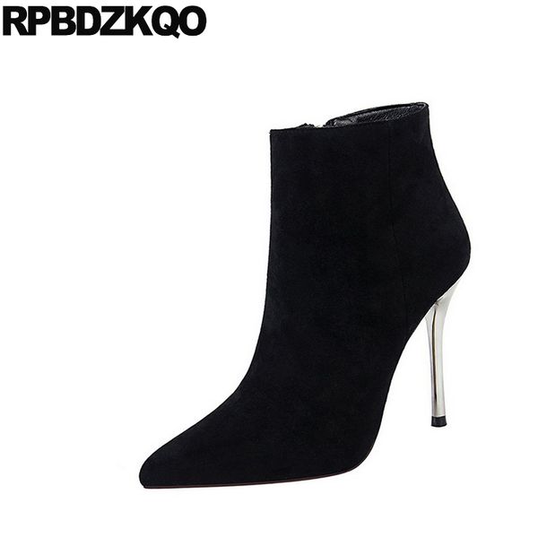 

booties pointed toe stiletto black side zip boots extreme women suede ankle high heel autumn fetish shoes winter pointy