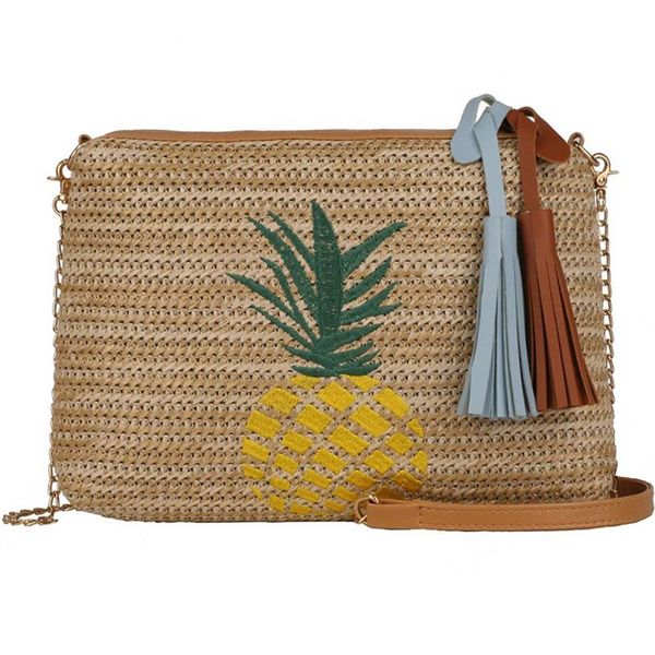 

fashion tassel straw woven crossbody bags pineapple turtle leaf printed women shoulder bag handbag for hawaii beach travel