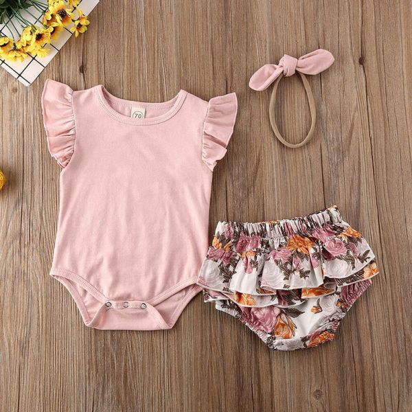 

3pcs newborn set 2020 baby girl outfits clothes romper + floral shorts pants infant clothing set, White