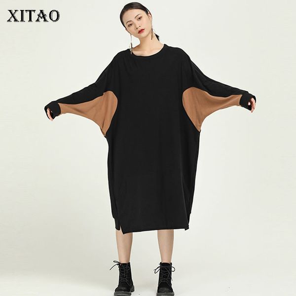 

xitao plus size patchwork hit color dress women clothes 2019 fashion loose casual pullover full sleeve elegant dress zll4543, Black;gray