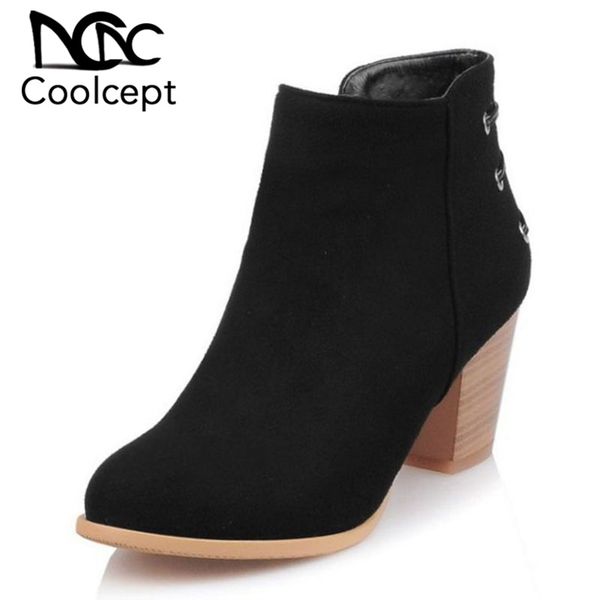 

coolcept women high heels boots thick heel autumn shoes woman fashion classic zipper party club ankle boots female size 32-43, Black