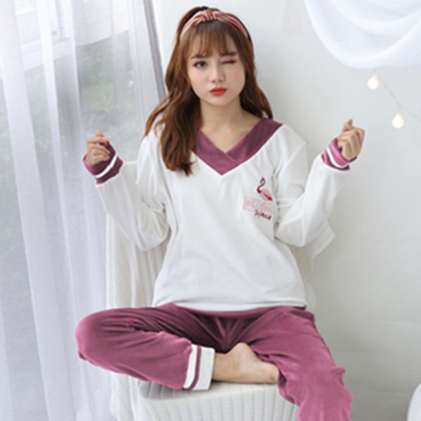 

coral velvet winter women strawberry embroidery pajama sets female flannel, Blue;gray