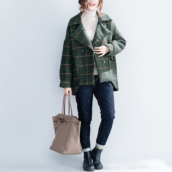 

2019 new autumn and winter women's woolen coat casual loose tartan woolen jacket fashion temperament coat ll187, Black