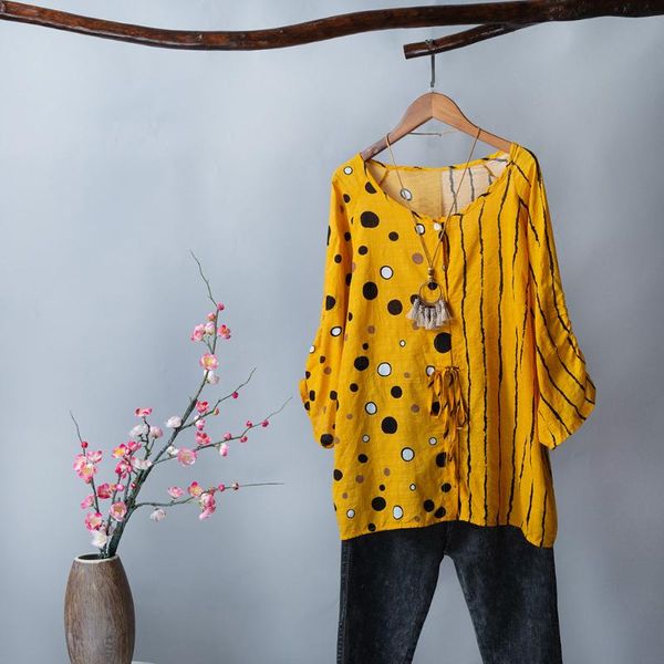 

women vintage plus size loose blouse 3/4 sleeved striped dot print button down retro holiday boho shirts casual s-5xl, White