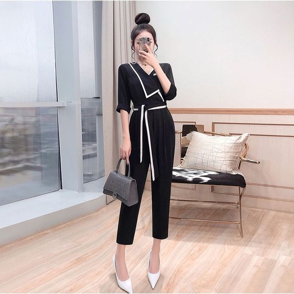 

2020 new summer women patchwork sunscreen elegant jumpsuits female overalls high waist wide leg romper lace up playsuit t111, Black;white