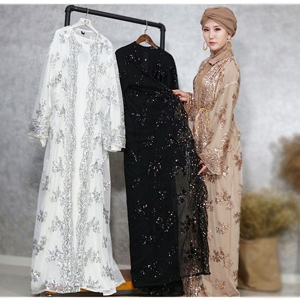 

fashion sequined long women's kimono abaya muslim spring summer dress front open black arabic dubai kaftan ramadan, Red