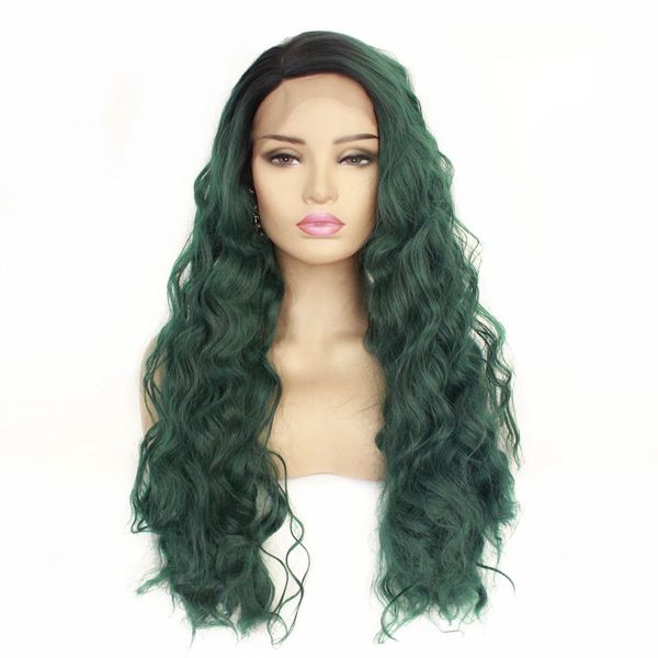 New Trendy Fashion Ombre Lace Front Wig Long Curly Wavy Dark Roots Ombre Green Soft Fiber Hair Heat Resistant Synthetic Wigs For Women Purple Wig