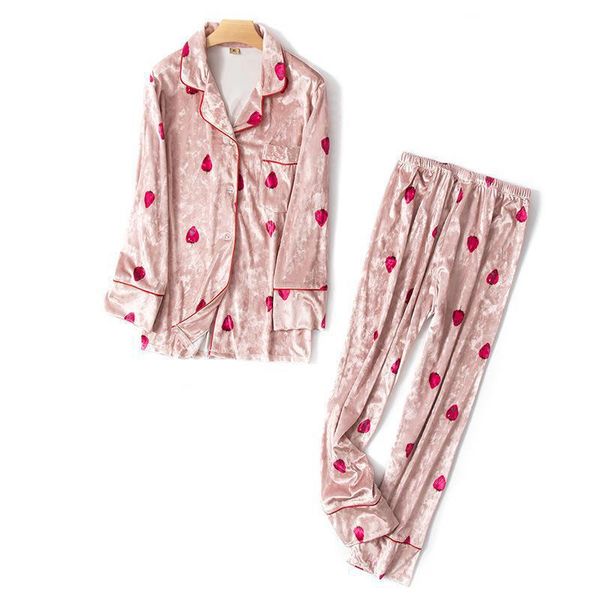 

lady autumn velvet pajamas pyjama suit women long sleeve shirt&pants sleep set 2pcs sleepwear strawberry print home clothes, Blue;gray