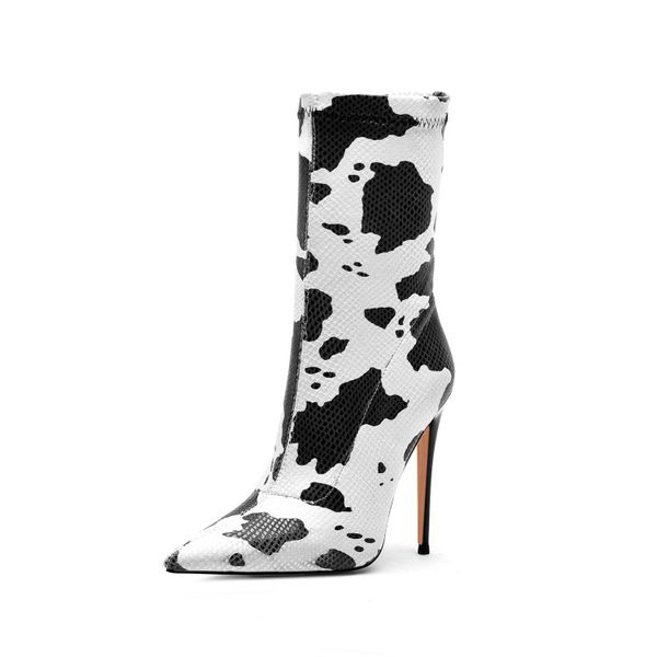 

2020 spring new cow pattern (newspaper pattern) pointed toe fashion 10cm stiletto heel women's bare boots women's short boots, Black