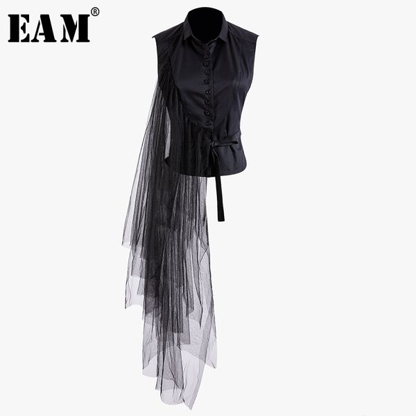 

eam] 2019 new spring summer lapel sleeveless black irregular bandage mesh stitch loose shirt women blouse fashion tide jt870, White