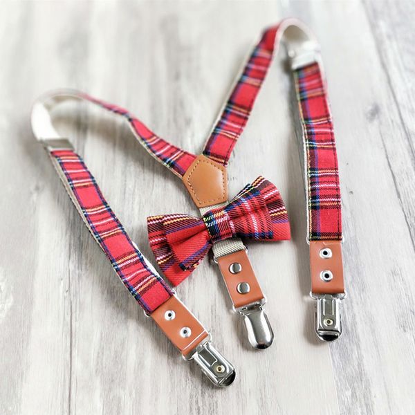 

onnpnnq fashion child plaid suspenders 3 clip-on bow tie set kids baby braces y-back elastic adjust england lattice suspenders, Black;white