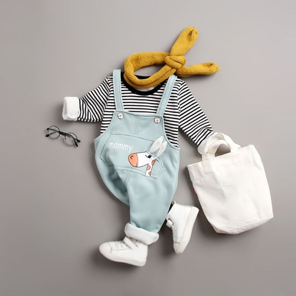 

осень new baby set 0-4t девочки мальчики с длинным рукавом полосатой печати сгущает блуза tops мультфильм подтяжками брюки повседневный эпик, White