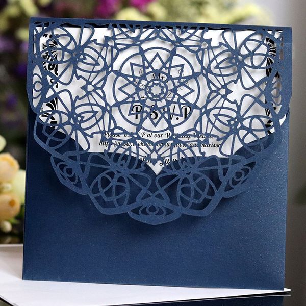 

2018 Navy Blue Wedding Invitations Cards With Hollow Out Rustic Black Laser Cut Invitation Card Flowers Elegant Party Invites