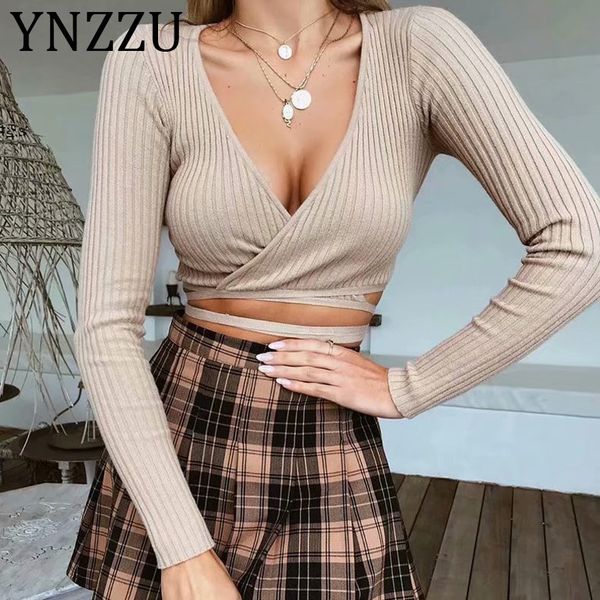 

ynzzu v neck cross knitted sweater women 2019 autumn solid kimono short style lace up skinny female pullovers jumper at308, White;black
