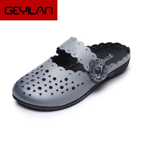 

summer woman genuine leather shoes hollow woman slippers slip-on outdoor slippers women shoes flat with sandals, Black