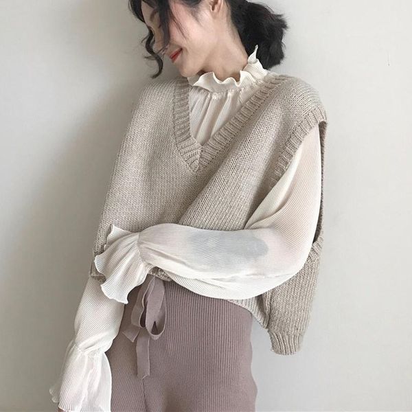 

autumn women sleeveless short knit vest korean style elegant casual all-match sweater vest, Black;white