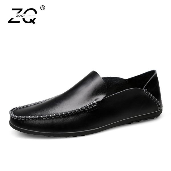 

zoqi men shoes casual genuine leather shoes men fashion breathable soft insole mens loafers leather zapatos hombre 2018 size 46, Black