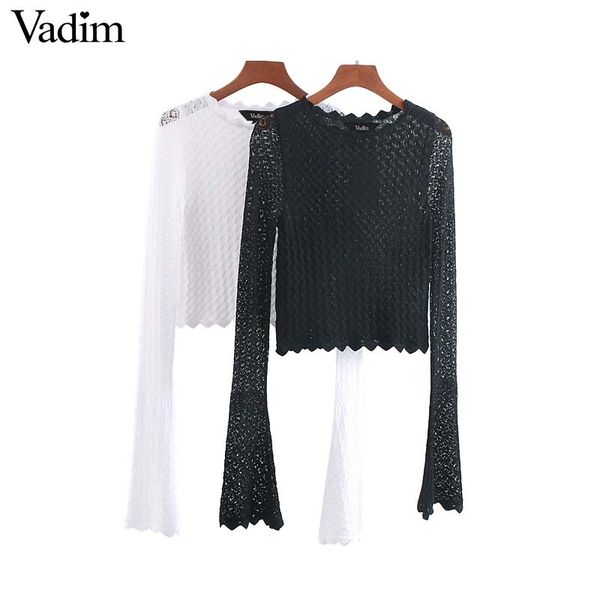

vadim basic solid knitted short sweaters stretchy hollow out flare sleeve pullovers female casual chic white black ha408