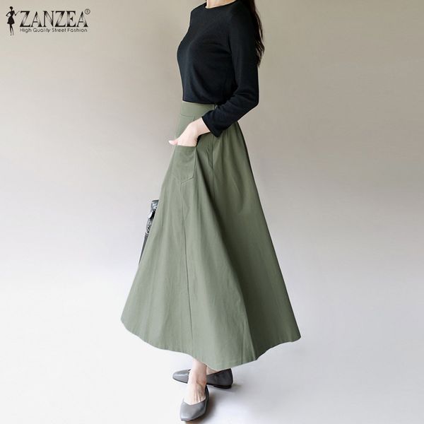 

zanzea women casual midi skirt ladies office work a-line skirts back elastic waist chic faldas plus size jupe womens clothings, Black