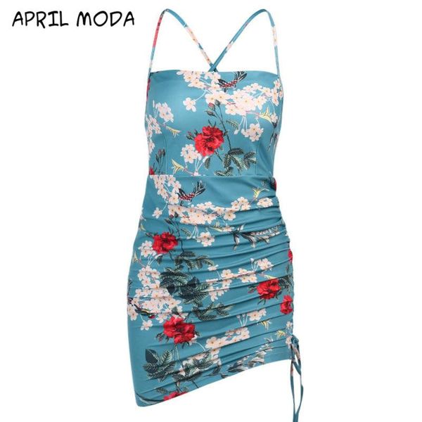 

fashion casual lace up fold stitching flower dress halter strap bow nightclub print dresses 2020 summer new, Black;gray