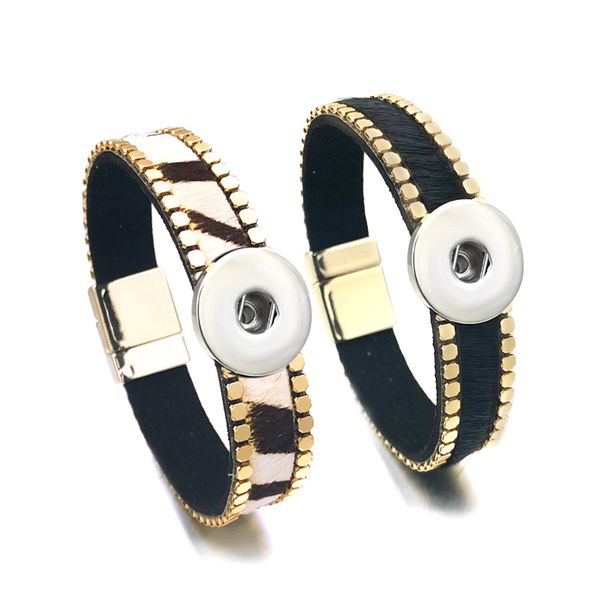 

fashion 117 interchangeable magnet horsehair leather bracelet 18mm snap button bangle charm jewelry for women men gift, Golden;silver