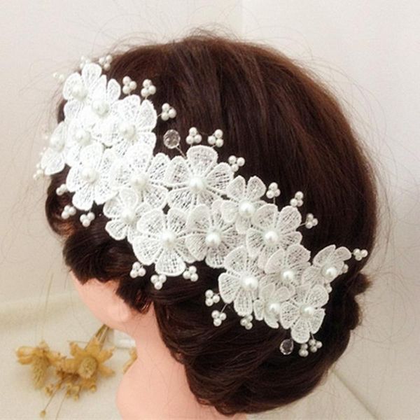 

women wedding lace flower headband handcraft bridal hair accessories pearl hair jewelry bride hairwear accessory ywdh06, Golden;white