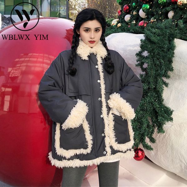 

winter jacket women fashion single breasted cotton wadded coat lamb wool splice thick warm cotton coats casual loose overcoat, Black