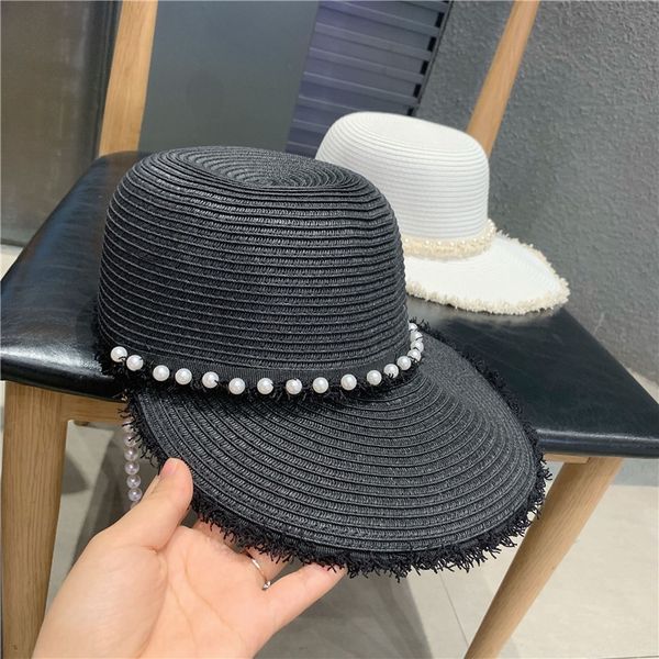 

summer female xiaoxiangfeng plaited equestrian big brim sun pearl chain cap straw hat pearl straw hat, Blue;gray