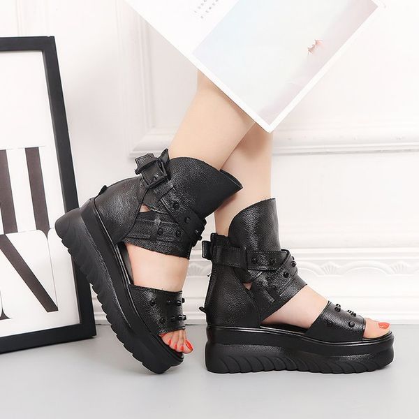 

summer new style genuine leather 2018 waterproof platform thick bottomed platform slanted heel women's rome flat fish mouth rome, Black