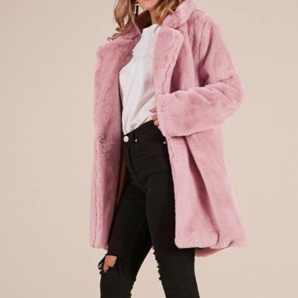 

wipalo autumn winter women faux fur coat solid lapel pocket plus size female long outwear thick warm covered button woolen coats, Black