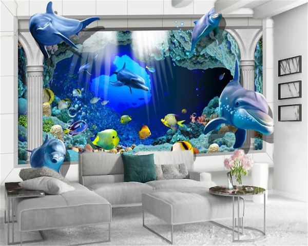 

3d обои стены дельфины купание в blue ocean customized животных интерьера украшение шелкового mural обои