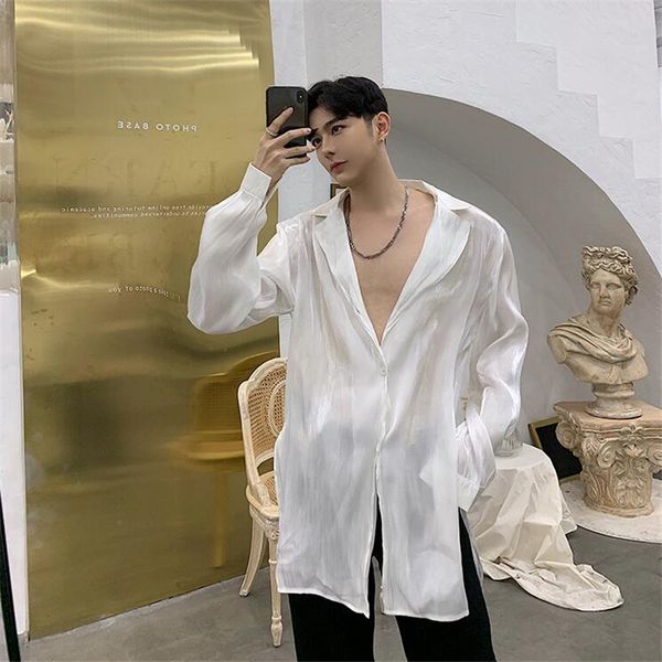 

men organza split casual long sleeve shirt male translucent fashion long style white black dress shirts nightclub clothes