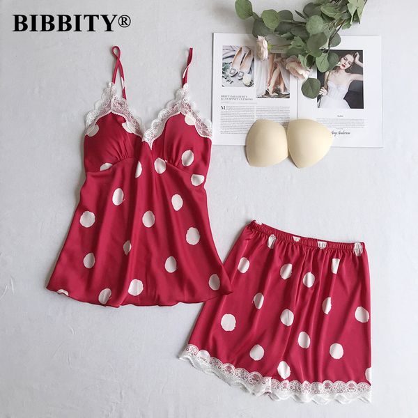 

womens polka dot pajamas silk satin cute summer sleepwear v-neck satin sleepwear two-piece pajamas with chest pads, Black;red