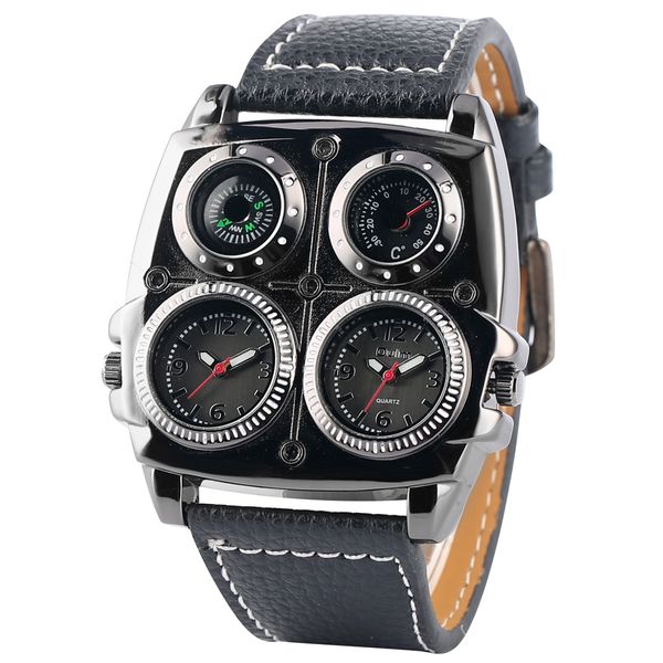 

men quartz watch double display multifunctional compass thermometer male wristwatch leather watches relogio masculino, Slivery;brown