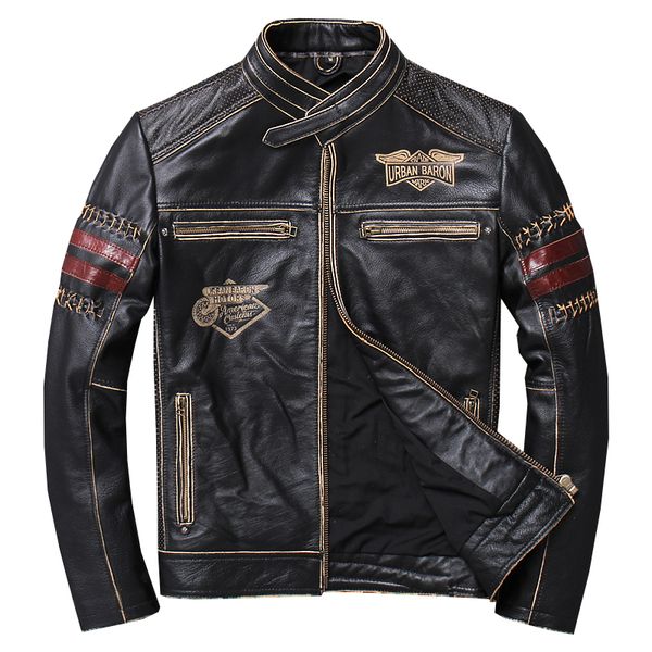 

men's leather & faux 2021 vintage black men slim fit motorcycle jacket plus size xxxl genuine cowhide spring natural biker coat