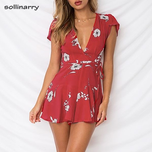 

sollinarry casual deep v neck red floral print women playsuit petal sleeve summer romper beach boho short jumpsuit rompers, Black;white
