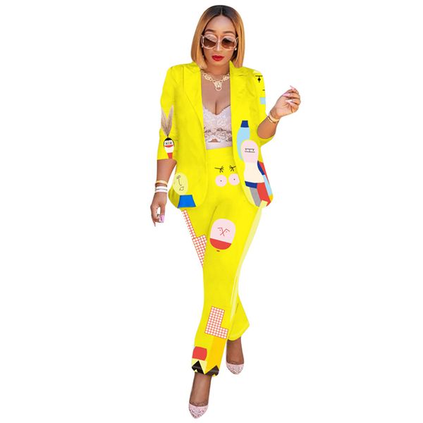 

весна женщин cartoon printed костюмы геометрический рисунок отворотом шеи женские блейзеры вскользь прямые женские брюки костюмы, White;black