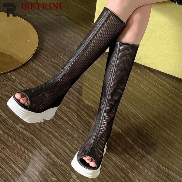 

ribetrini ins women summer peep toe shoes women hollow platform zipper party club mid calf boots casual boots, Black