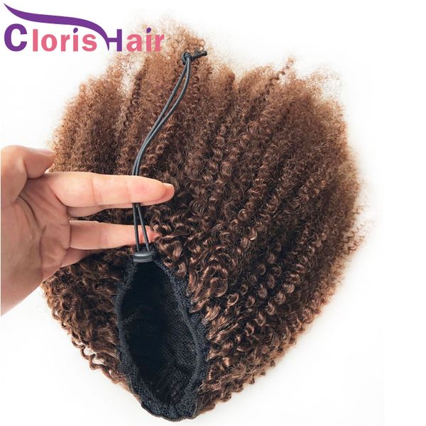 Coda di cavallo riccia afro crespa con coulisse # 4 Capelli umani castano scuro Clip vergine malese nelle estensioni per parrucchino naturale riccio per donne nere