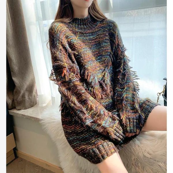 

semi-high collar tassel loose sweater women's pullover base padded sweater lazy wind 2019 new women, White;black