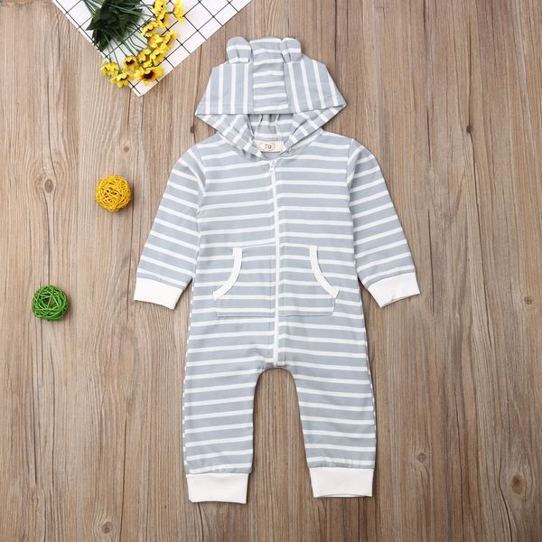 

pudcoco autumn newborn baby boy girl clothes striped long sleeve hooded zipper pocket romper jumpsuit one-piece outfit clothes, Blue