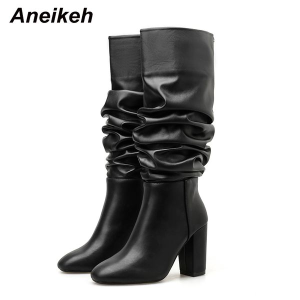 

aneikeh 2020 spring/autumn classic pu pleated women riding, equestrian boots round toe high heels shoes slip-on knee-high boots, Black